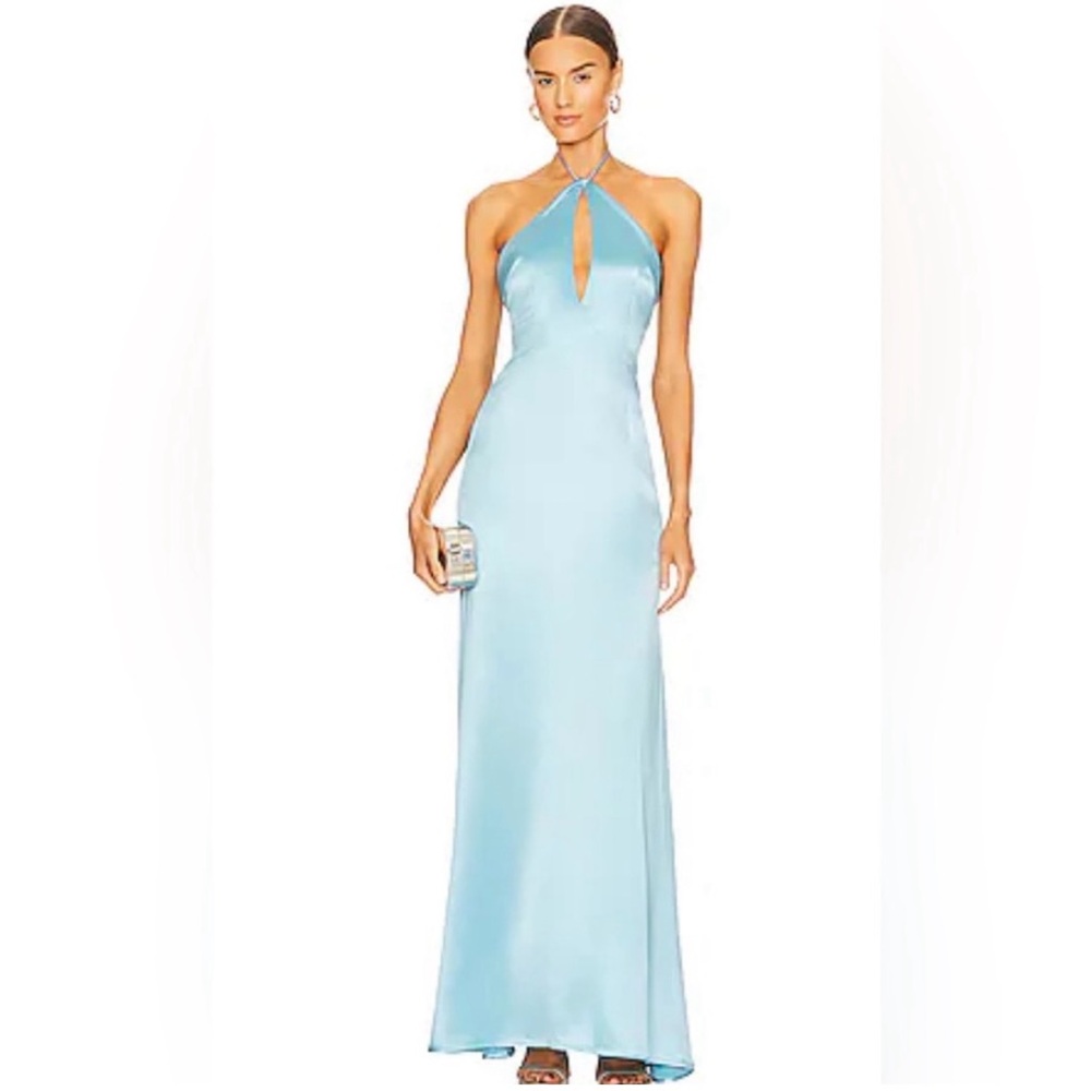 SAU LEE Harper Halter Satin Maxi Dress Gown in Arctic Blue